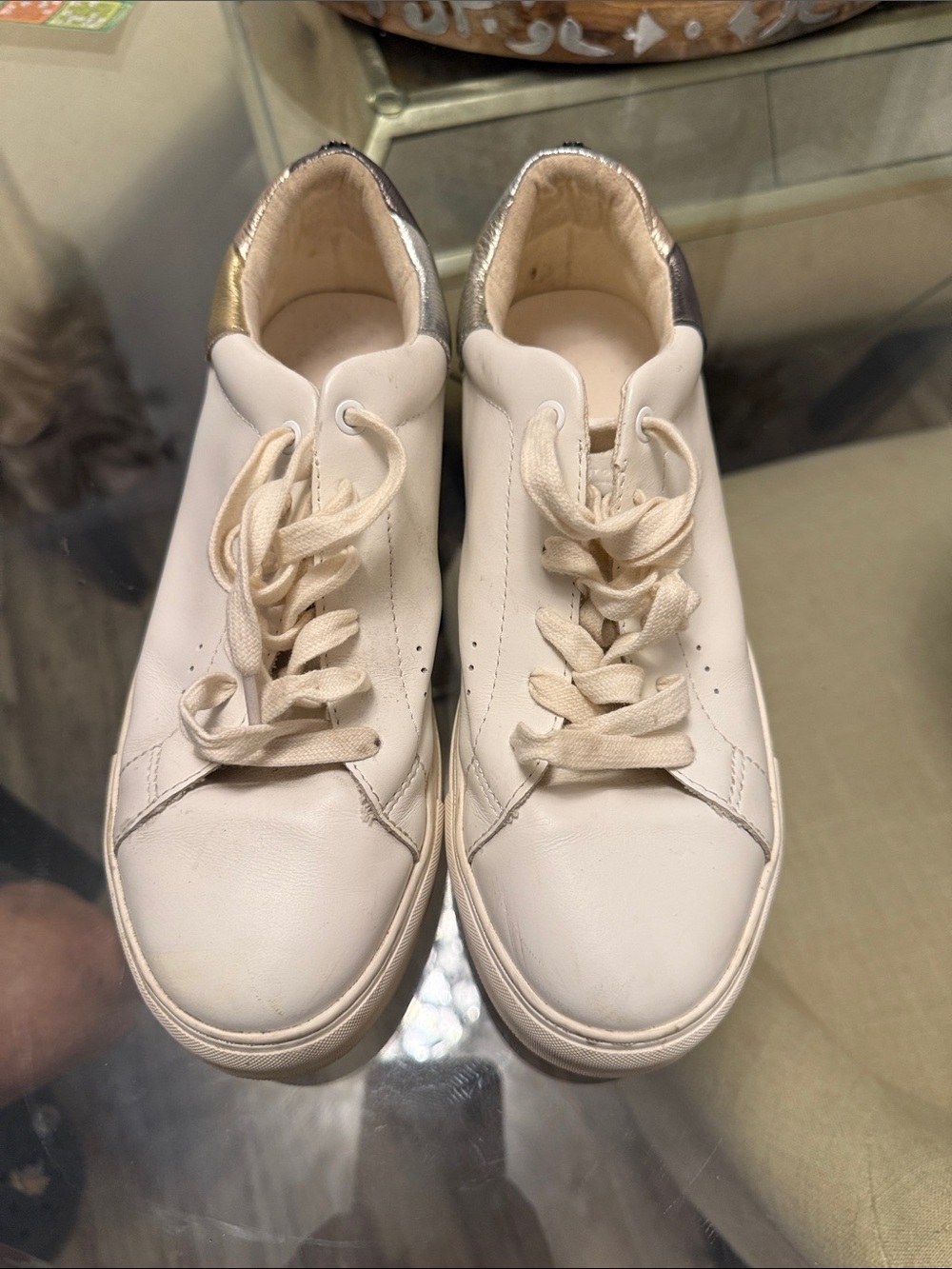 Kurt Geiger White Leather Low-Top Sneakers with Metallic Heel